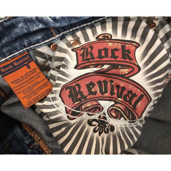 Rock & Revival Wales Straight Mens Blue Jeans Distressed Denim Embroidered 38x31 - Picture 11 of 13